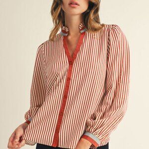 JODIFL RUST & WHITE STRIPED BUTTON UP SPLIT NECK TOP